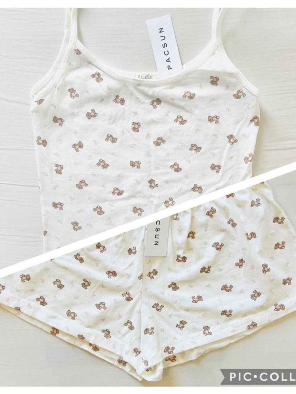 BNWT Brandy Melville-John Galt Brown Teddy Bear Pink Ribbon White Skylar Tank